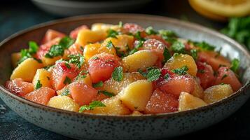 A bowl of fruit salad with lemon and parsley photo