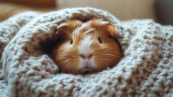 Guinea pig resting peacefully in a cozy blanket on a soft surface during the day photo
