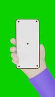 3d animation of a hand holding a smartphone with a green background and also a blank screen for product promotion or event or quiz notifications and live streaming video