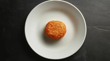 A small piece of fried food on a white plate photo