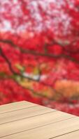 Empty wood table with red tree at park japan style bokeh blur background copy space for display of product video