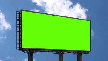 Empty billboard with chroma key green screen, on blue sky with clouds, advertisement concept, screen, green background video