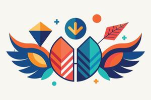 Abstract geometric logo with symmetrical shapes in teal, orange, and yellow, featuring acentral hexagon with astylized tree emblem vector