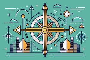 An abstract illustration of acompass surrounded by various geometric shapes, lines, and symbols on ateal background vector