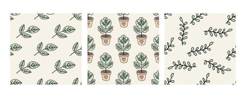 Set of seamless eco patterns with plants and leaves in doodle flat style vector