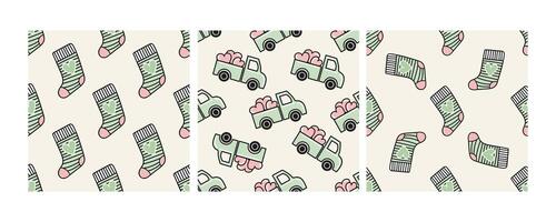 Set of seamless eco patterns with socks and trucks in doodle flat style vector