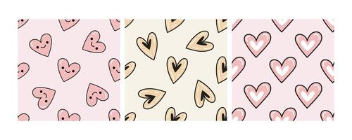 Set of seamless heart patterns in doodle flat style vector