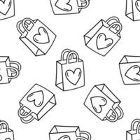 Outline eco heart paper bag seamless pattern with reusable shopping tote vector