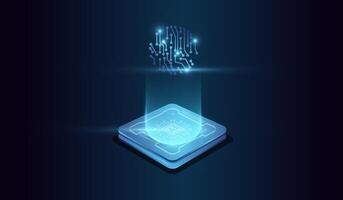 A High tech style artifical intelligence concept illustration. The AI chip with light circuit board on technology . A digital brain form composed of lines, triangles, binary digits and dots vector