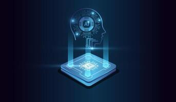 Artifical intelligence technology Head concept on Brightly glowing AI chip with light circuit board on technology . Computer microchip technology vector