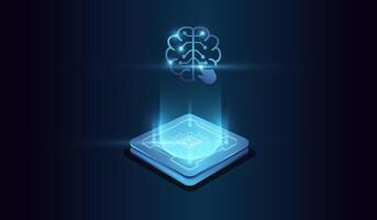 A digital brain form composed of lines, triangles, binary digits and dots. High tech style artifical intelligence concept illustration. The AI chip with light circuit board on technology . vector