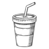 Soda drink in the paper cup with straw. Food illustration in the graphic line art style. Hand drawn outline element of beverage. Perfect for fast food menu creating and drawing designs. vector