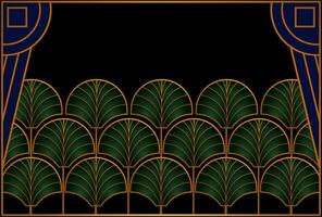This Leaf Art Deco Background design features an Art Deco style composition of leaves in gold and emerald green. Symmetrical patterns and decorative details vector