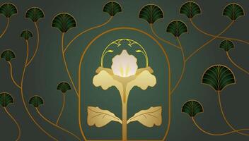 This Art Deco Floral Design features floral illustrations with a signature Art Deco blend of stems and leaves, emphasizing geometric shapes, sleek lines, and elegant symmetry. vector