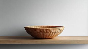 A wicker bowl on a shelf photo