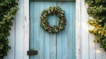 A wreath on a blue door with ivy growing on it photo