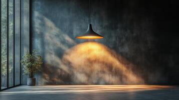 A room with a light shining on a lamp photo