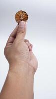Hand Showing A Slice Dried Lemon on White Background photo
