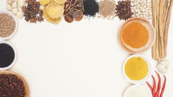 Various Spices and Spice Powders with Copy Space Area on Light Background photo