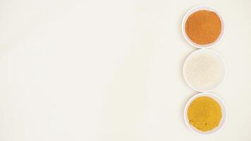 Various Spices Powder on Bowl with Copy Space on Light Background photo