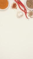 Raw Chili and Garlic Bulb, Chili Powder and Flakes, Coriander Spice on Light Background photo