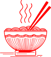 A red bowl with chopsticks and noodles png