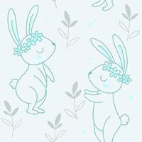 Charming bunnies in floral patterns pastel background hand-drawn illustration whimsical environment playful concept vector