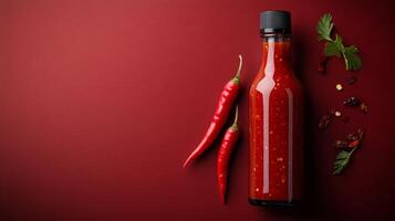 A bottle of hot sauce and chili peppers on a red background photo