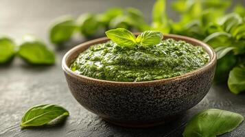 A bowl of pesto with basil leaves on a dark table photo