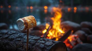 A marshmallow on a stick sitting on a log near a fire photo