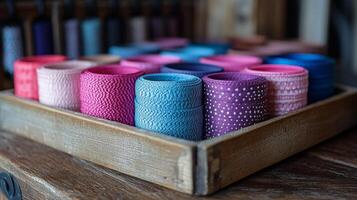 A wooden box filled with colorful thread photo