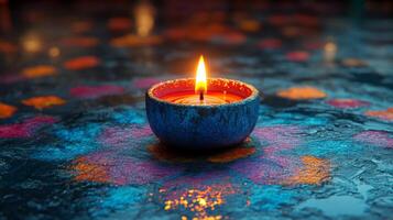 A candle is lit in a colorful bowl photo