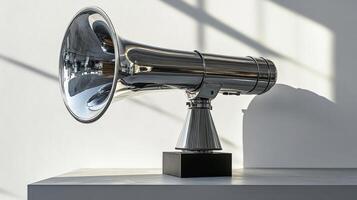 A large silver megaphone on a table in front of a window photo