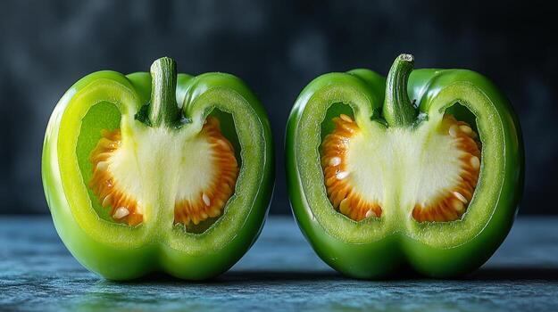 Two green peppers cut in half with a slice missing photo