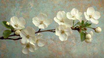 White flowers on a branch against a blue background photo