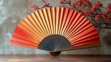 A fan with a red and orange design on it photo