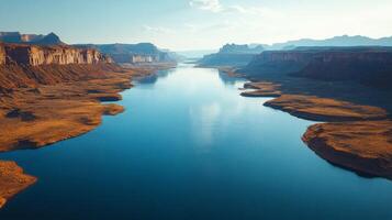 A river runs through a canyon with mountains in the background photo