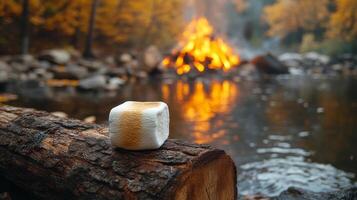 Marshmallow on a log by the river photo