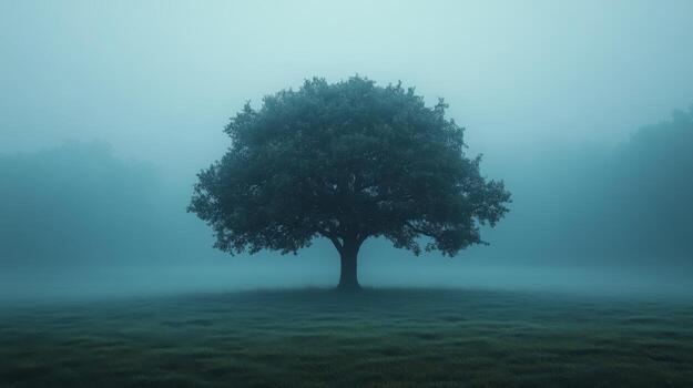 A lone tree in the foggy field photo