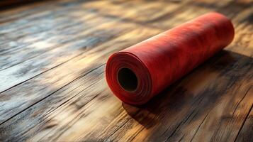 A roll of red carpet on a wooden floor photo