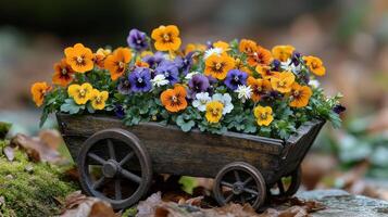 A wooden wagon with pansies in it photo
