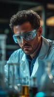 A man in a lab coat and glasses is working on something photo