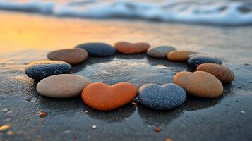 Heart shaped stones on the beach at sunset photo