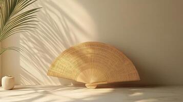 A wooden fan and a plant on a wall photo