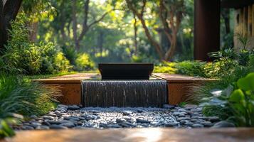 A laptop is sitting on a wooden bench in a garden photo