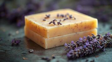Lavender soap with lavender flowers photo