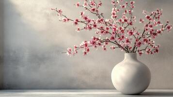 A vase with pink flowers sitting on a table photo