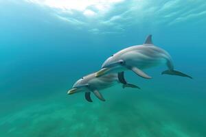 Dolphins swimming in the sea, underwater view photo