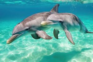 Dolphins swimming in the ocean, underwater view photo