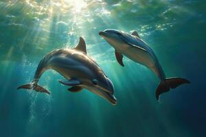 Dolphins swimming in the turquoise waters, underwater view photo